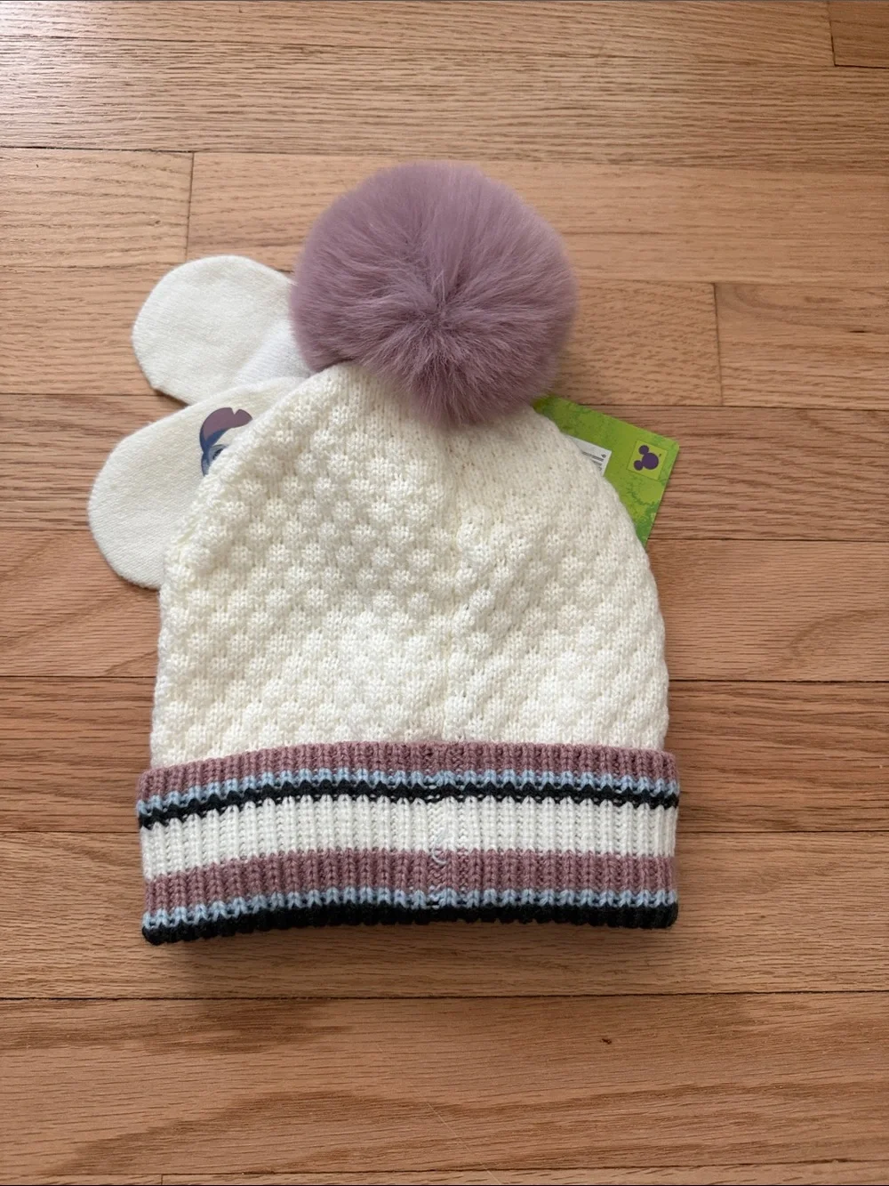 Disney Stitch Cream Knit Beanie with Mauve Pom & Mittens